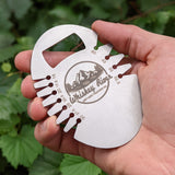 The whiskey river bottle opener and bevel gauge in hand. Open your favorite beverage and measure the exact angle of the bevel of your axe head with this clean and machined tool