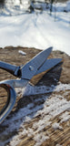 Whiskey river, American-made, heavy duty humboldt shears. these shears can cut through paper, fabric, rubber, even shingles. And when they get dull you can take them apart and sharpen them yourselves.