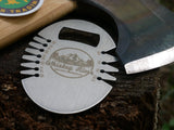 The whiskey river bottle opener and bevel gauge. Open your favorite beverage and measure the exact angle of the bevel of your axe head with this clean and machined tool. This picture is showing off the tool next to the council tool pack axe