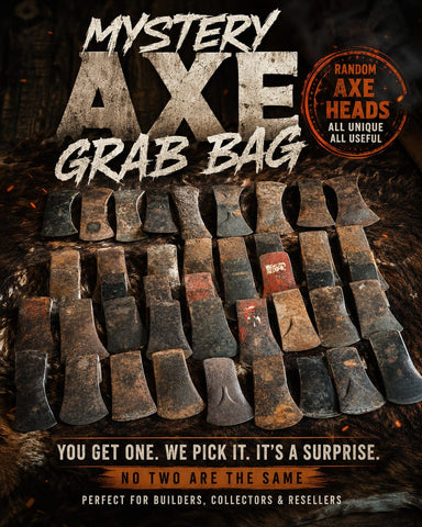 Promotional image for 'Mystery Axe Grab Bag' with various axes on a dark background.