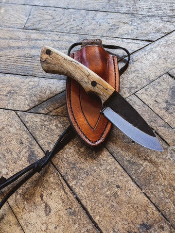 Whiskey River Bushcraft Knife - Spalted Beech - 8670 Steel - Leather Neck or Belt Carry System